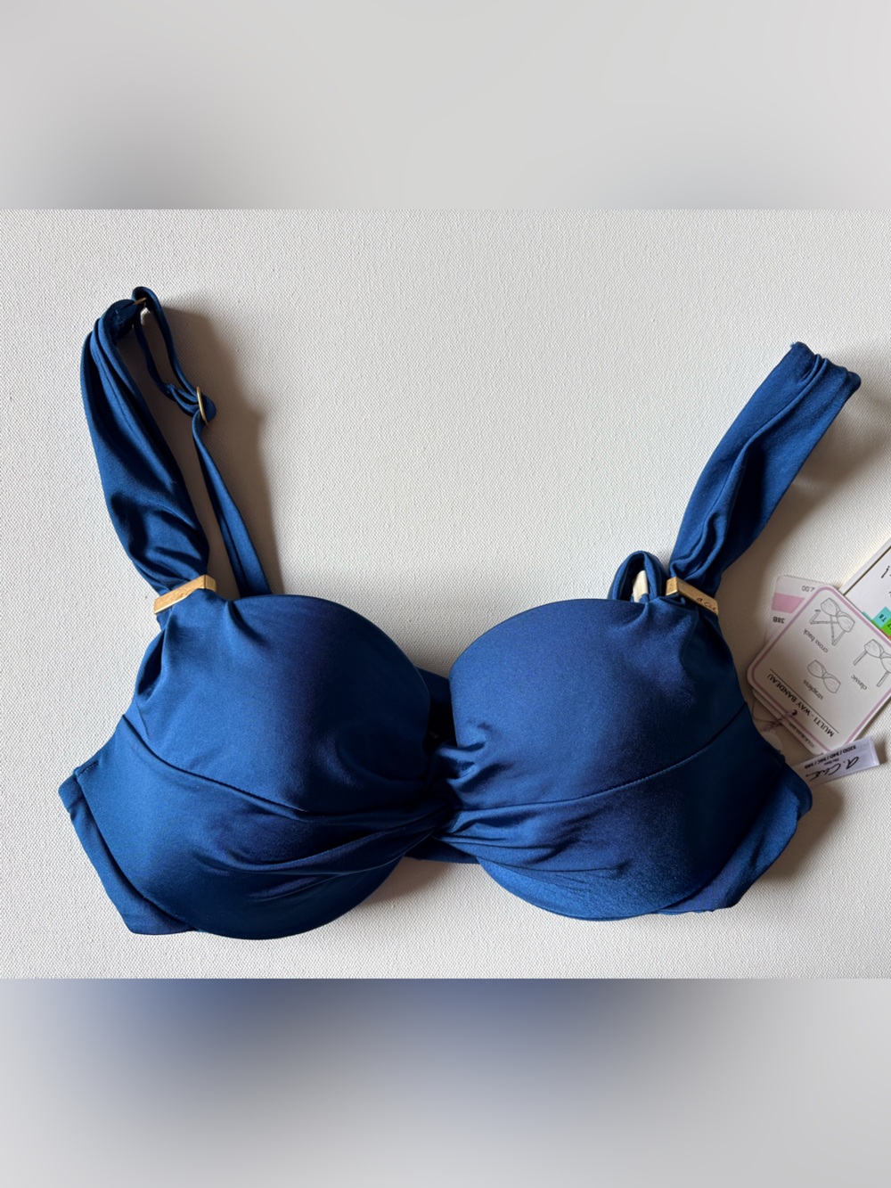 NWT a. Ché Multi-Way Convertible Bikini Top Blue Gold Accent Fits 32DD 34D 36C 3